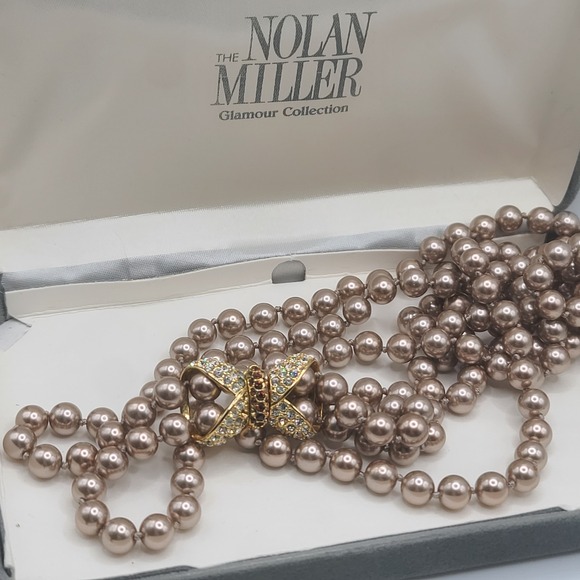 Nolan Miller Glass‎ Pearl Necklace Champagne Brown Rhinestones Flapper READ 30
